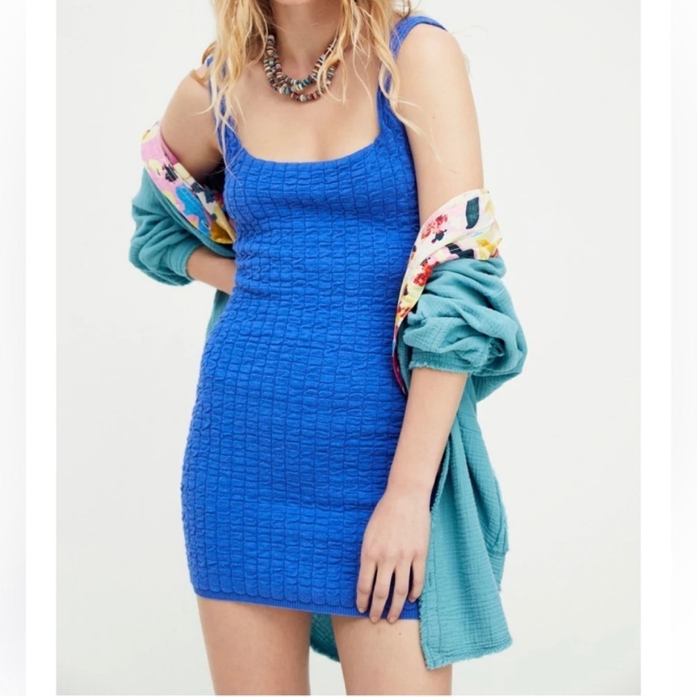 New Free People Bright Blue Short N Sweet Sweater Minidress Women's size L - Picture 3 of 4